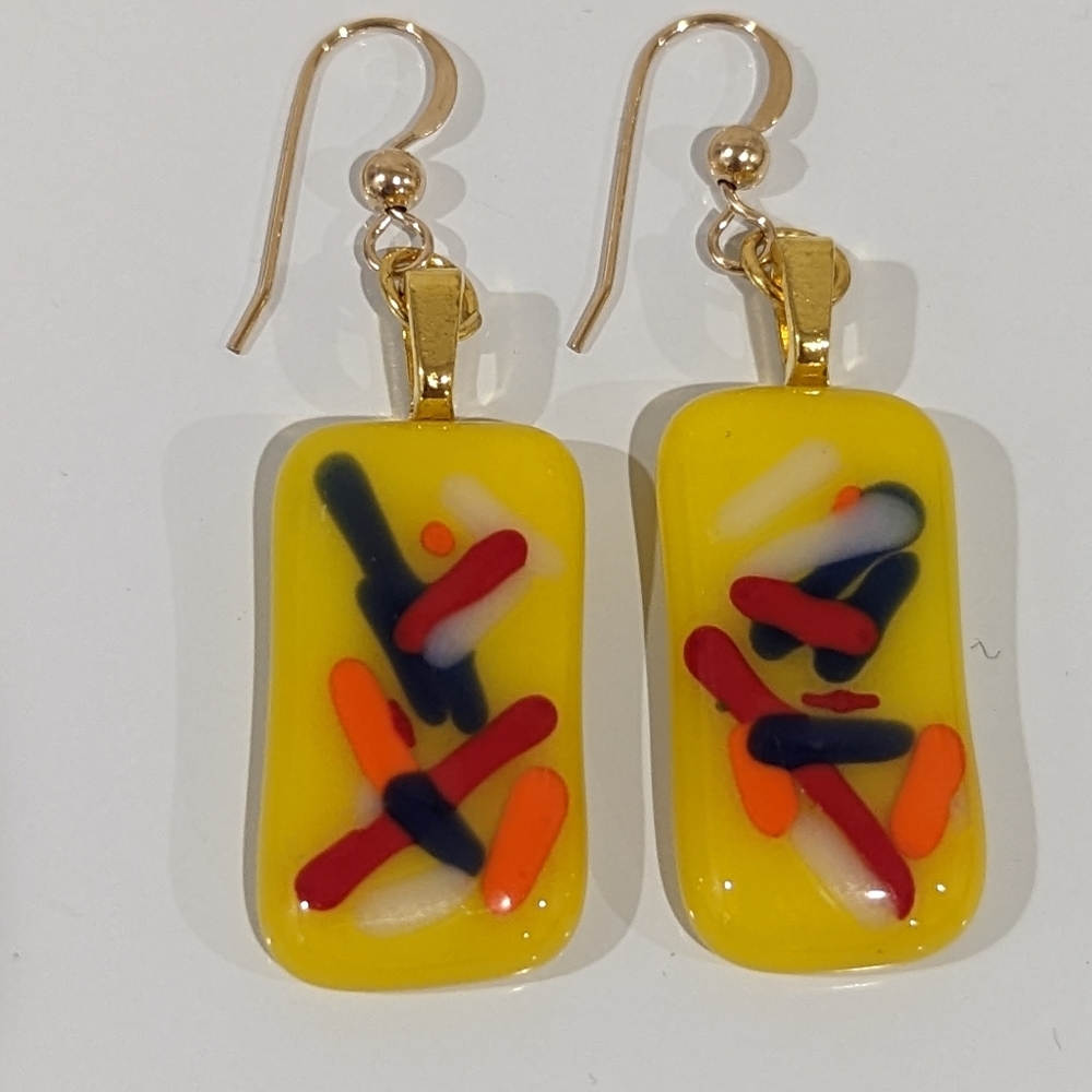 Artisan Handmade fused glass yellow abstract earrings with gold hooks
